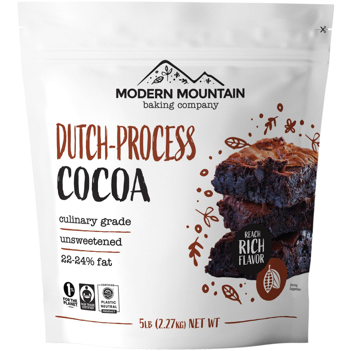 Modern Mountain Dutch processed cocoa powder 5 lb bag front, premium unsweetened flavor for baking.