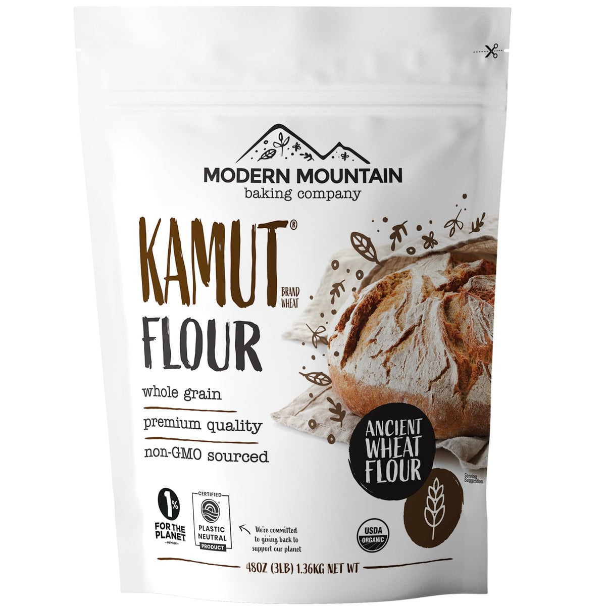 Modern Mountain Kamut Flour bulk pouch ready for long-lasting freshness and versatile baking.