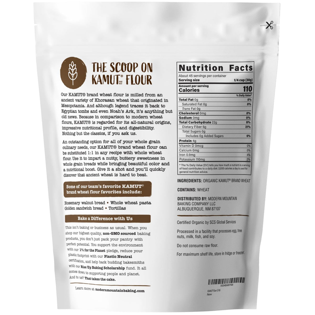 Modern Mountain Kamut Flour packaging closeup highlighting organic, non-GMO heritage.