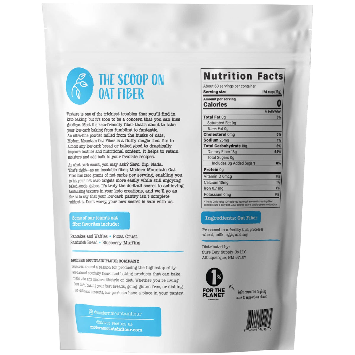 Modern Mountain Oat Fiber gluten-free baking scene highlights gluten-free, vegan-friendly fiber.