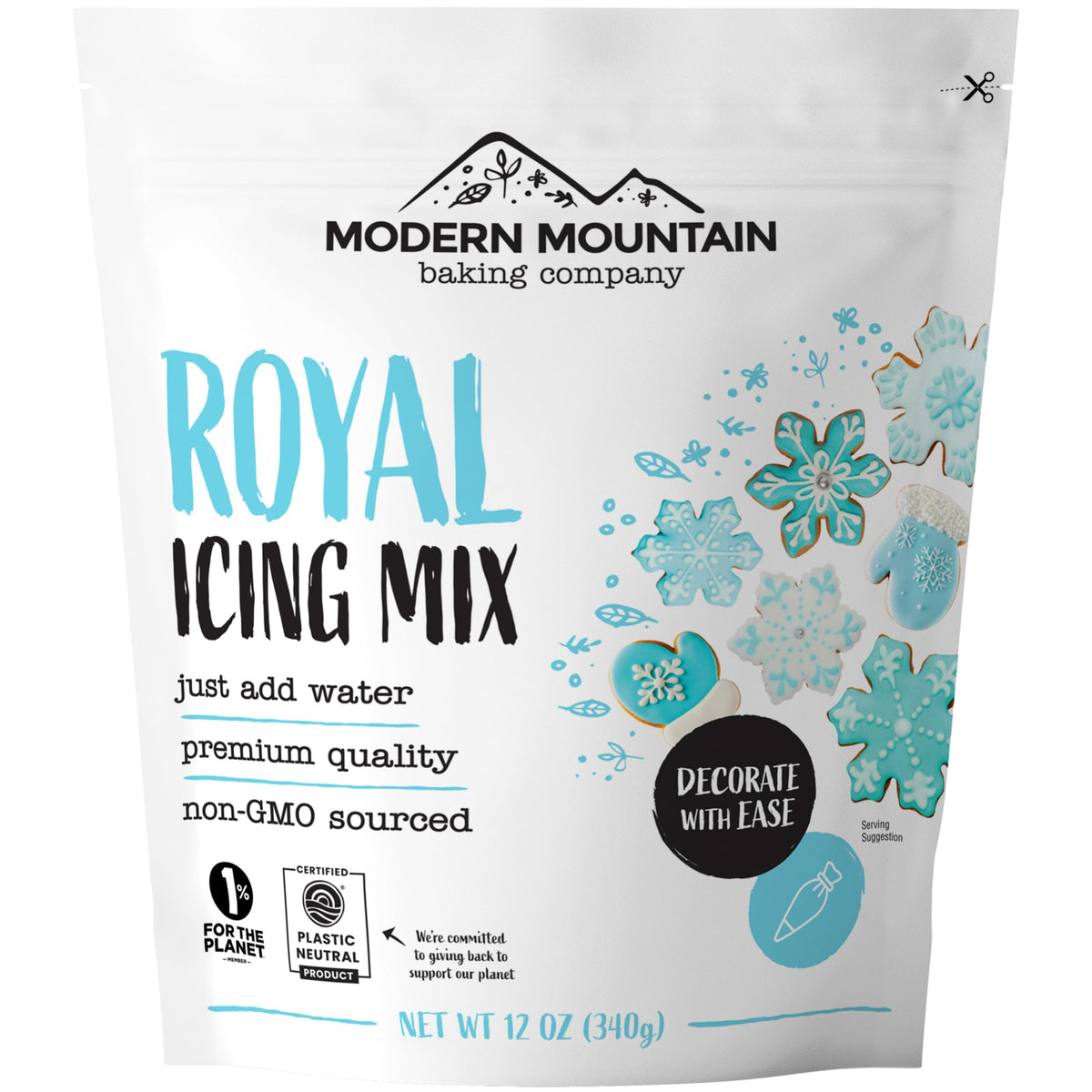 Modern Mountain Royal Icing Mix 12oz packaging highlights gluten-free, non-GMO ingredients.