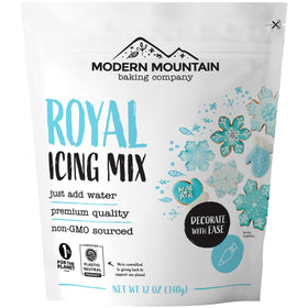 Modern Mountain Royal Icing Mix 12oz packaging highlights gluten-free, non-GMO ingredients.