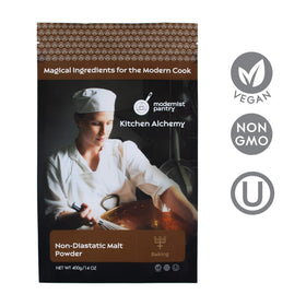Modernist Pantry barley malt powder with scoop boosts dough texture and aroma during baking.