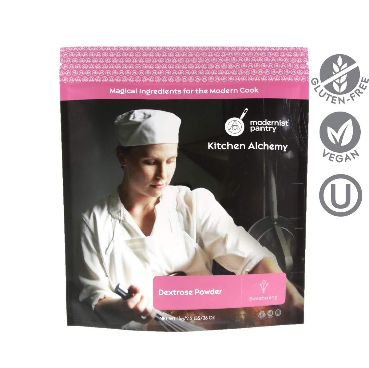 Modernist Pantry Dextrose powder jar close-up, showcasing gluten-free and kosher quality.