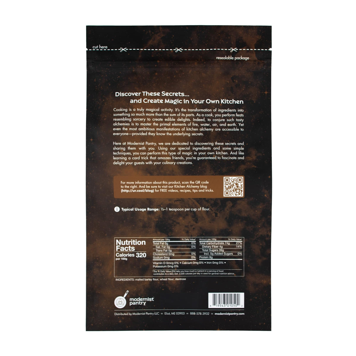 Modernist Pantry diastatic barley malt powder packaging reveals vegan and kosher status.