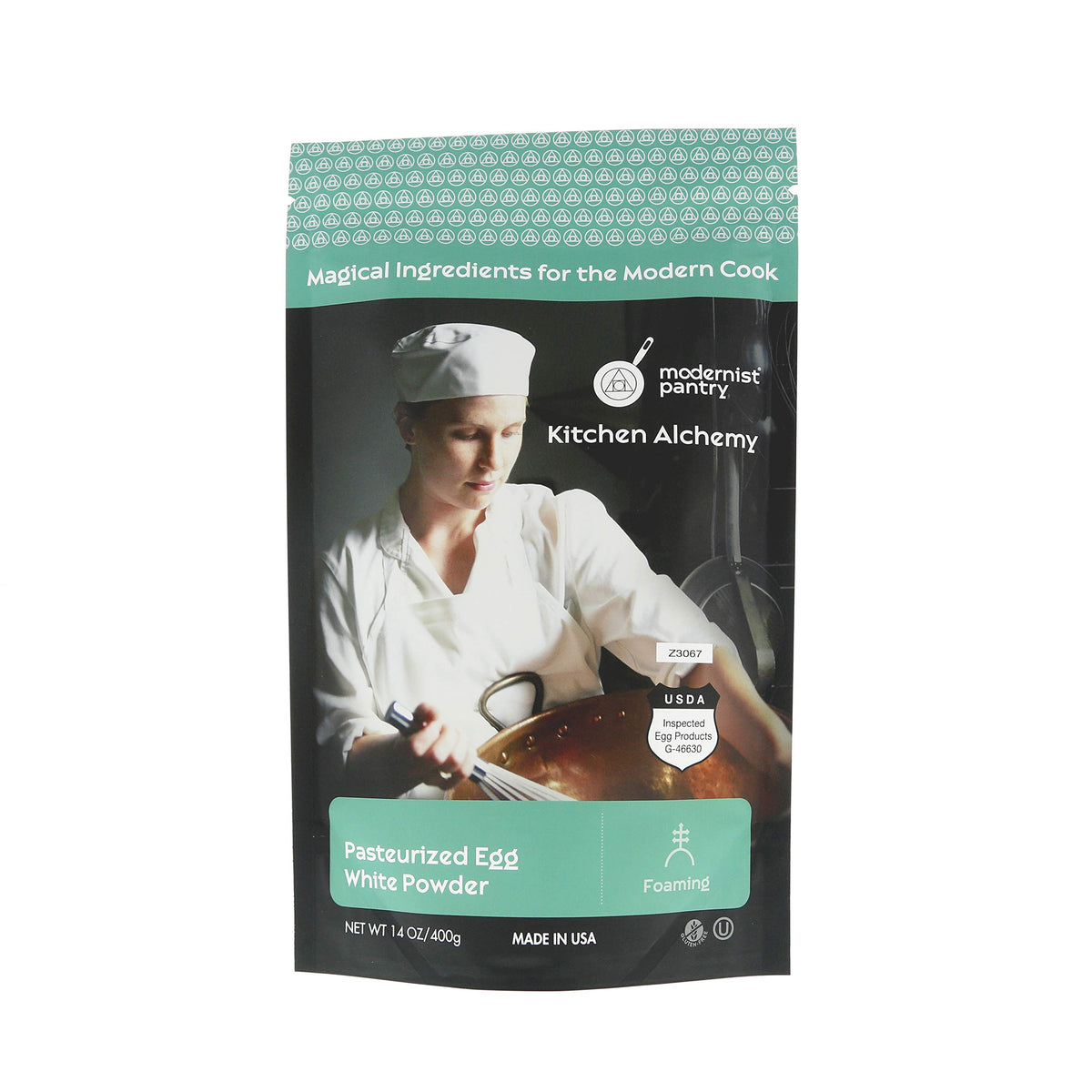 Modernist Pantry egg white powder bottle showing pasteurized, shelf-stable protein.