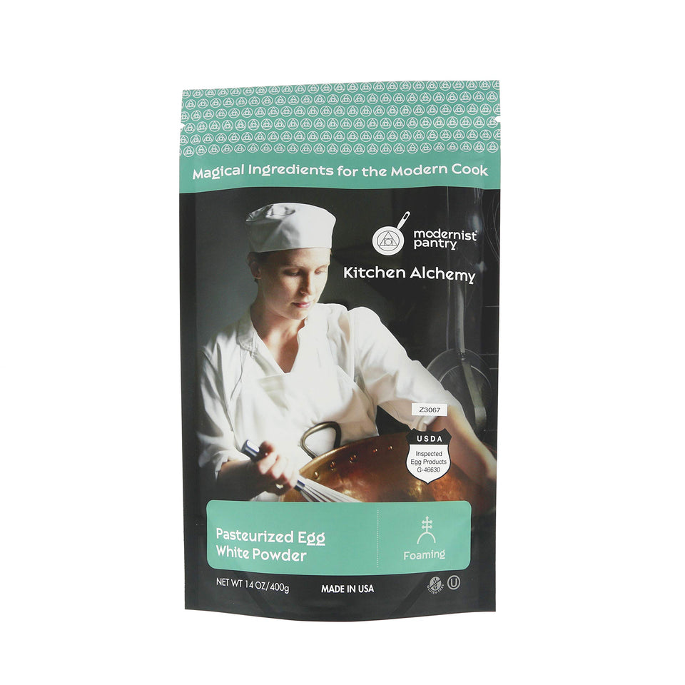 Modernist Pantry egg white powder bottle showing pasteurized, shelf-stable protein.