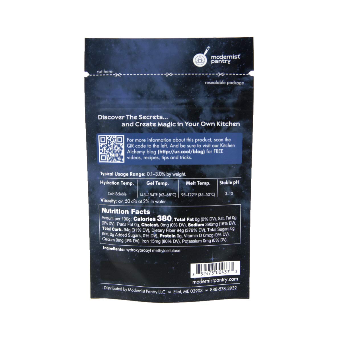 Modernist Pantry HPMC F50 packaging showing food-grade certification and source.