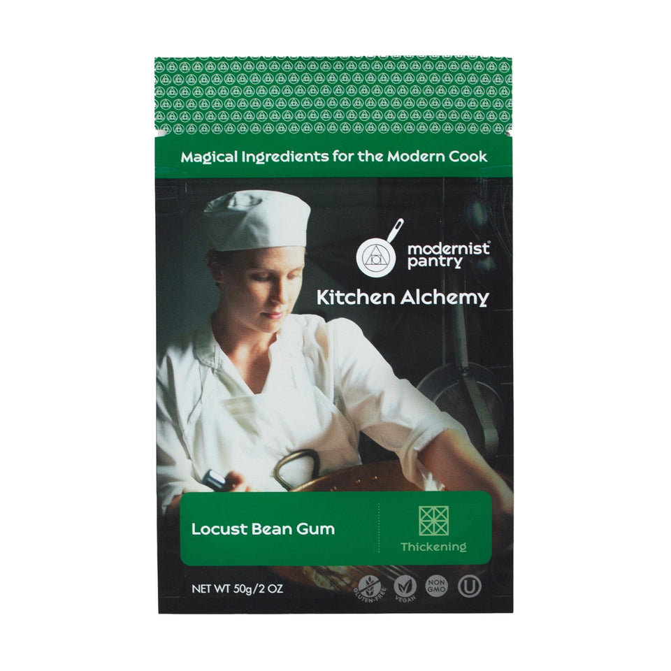 Modernist Pantry Locust Bean Gum powder bottle pour for smooth sauces and desserts.