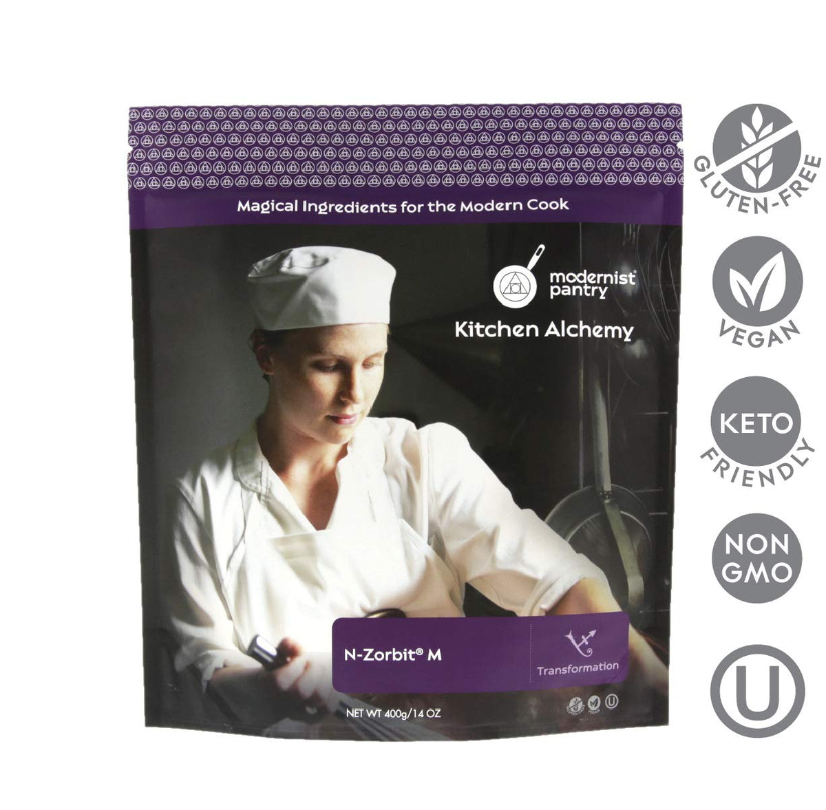 Modernist Pantry N Zorbit packaging highlights non-GMO formula for creative gastronomy.
