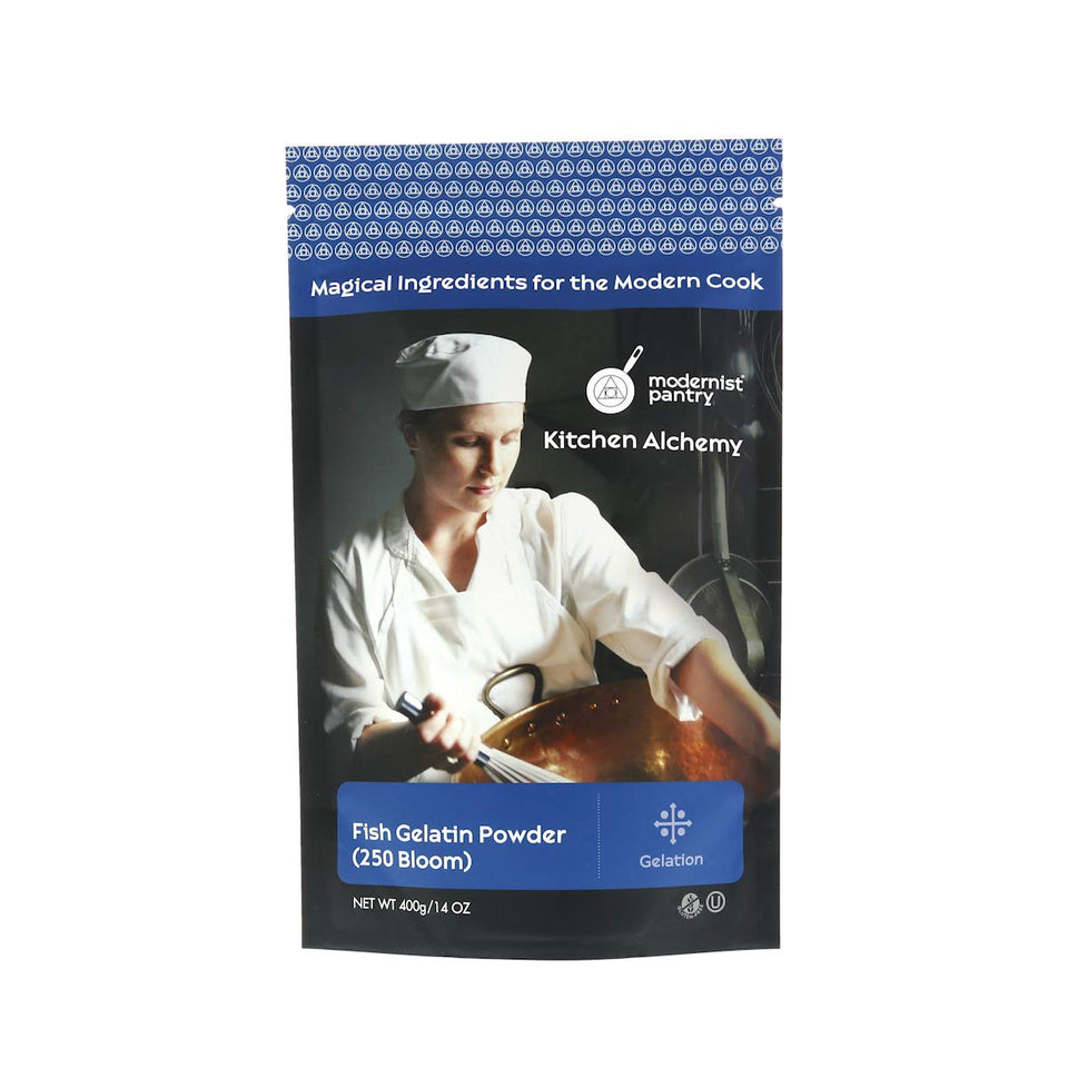 Modernist Pantry pure fish gelatin powder 400g close-up jar for precise gelling