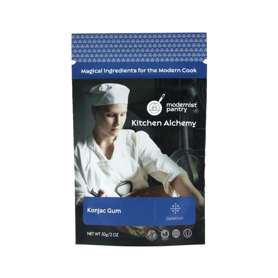 Modernist Pantry Pure Konjac Gum bottle pour demonstrates a versatile thickener for vegan recipes