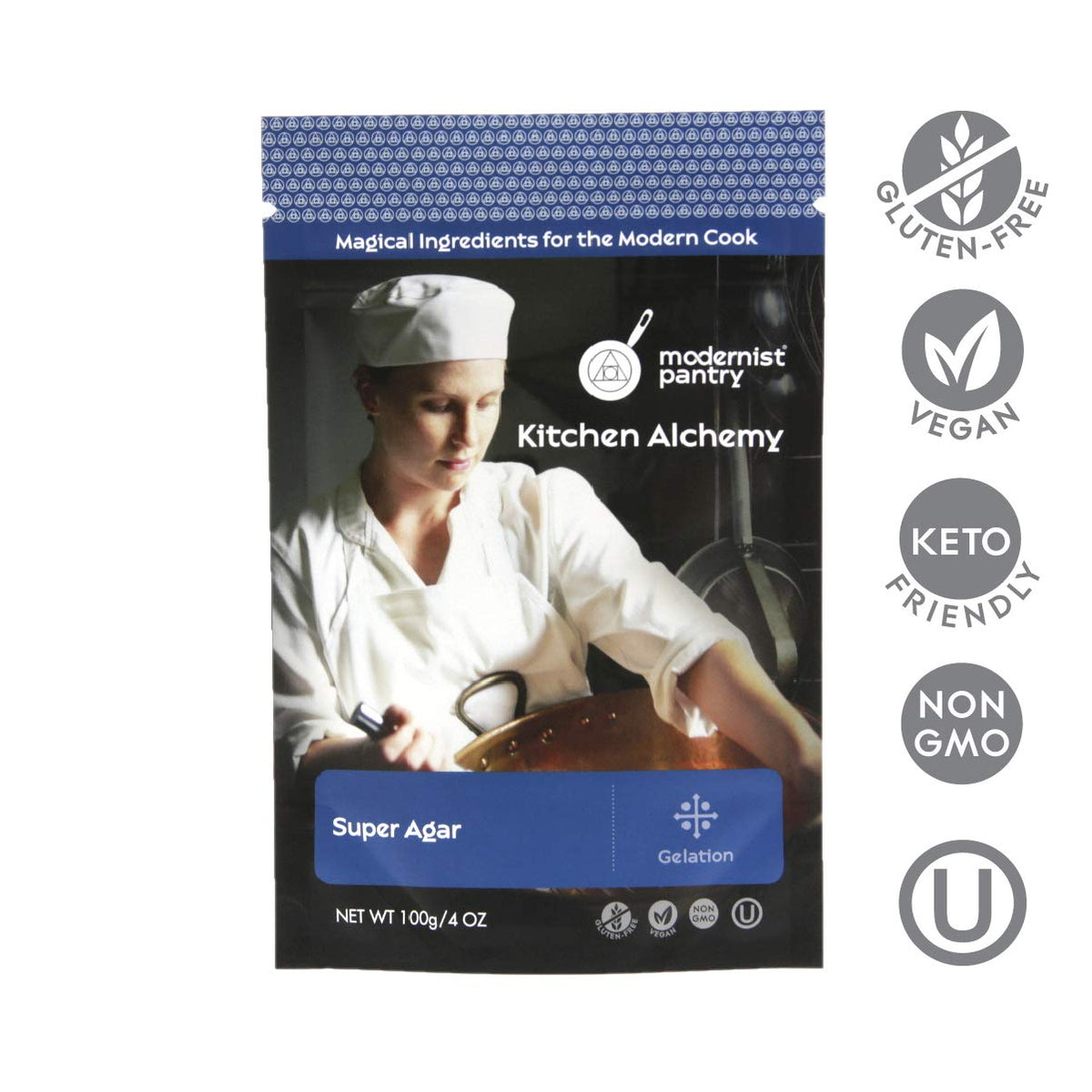 Modernist Pantry Pure Super Agar packaging showcases vegan, non-GMO gelling option.