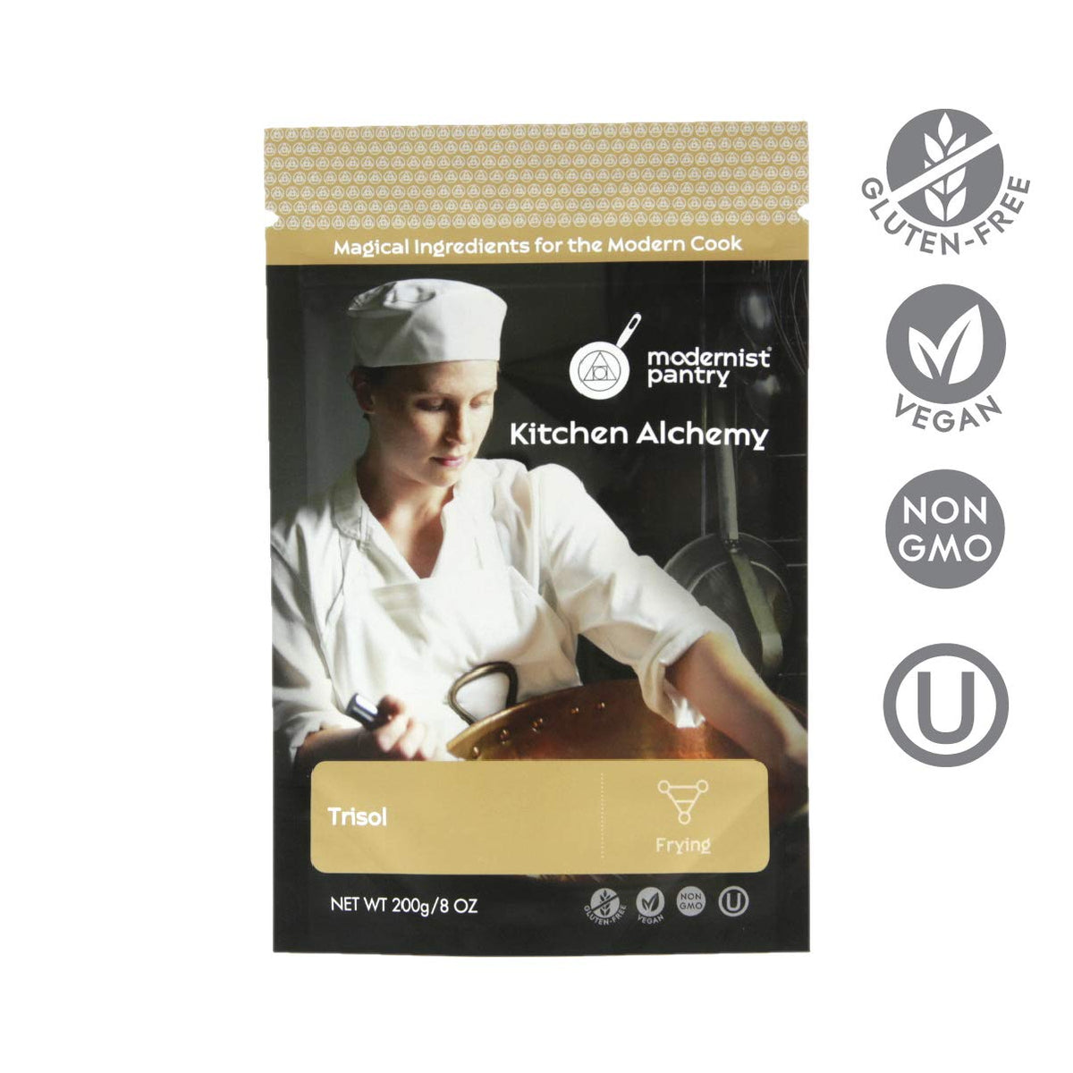 Modernist Pantry Trisol powder being poured to create batter with less oil.