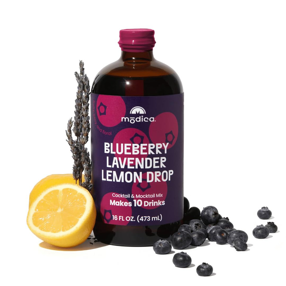 Modica Bluberry Lavender Lemon Drop bottle, flavorful low-sugar cocktails.