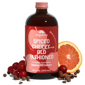 Modica Spiced Cherry Old Fashioned bottle showcases rich amber color for at-home cocktails.
