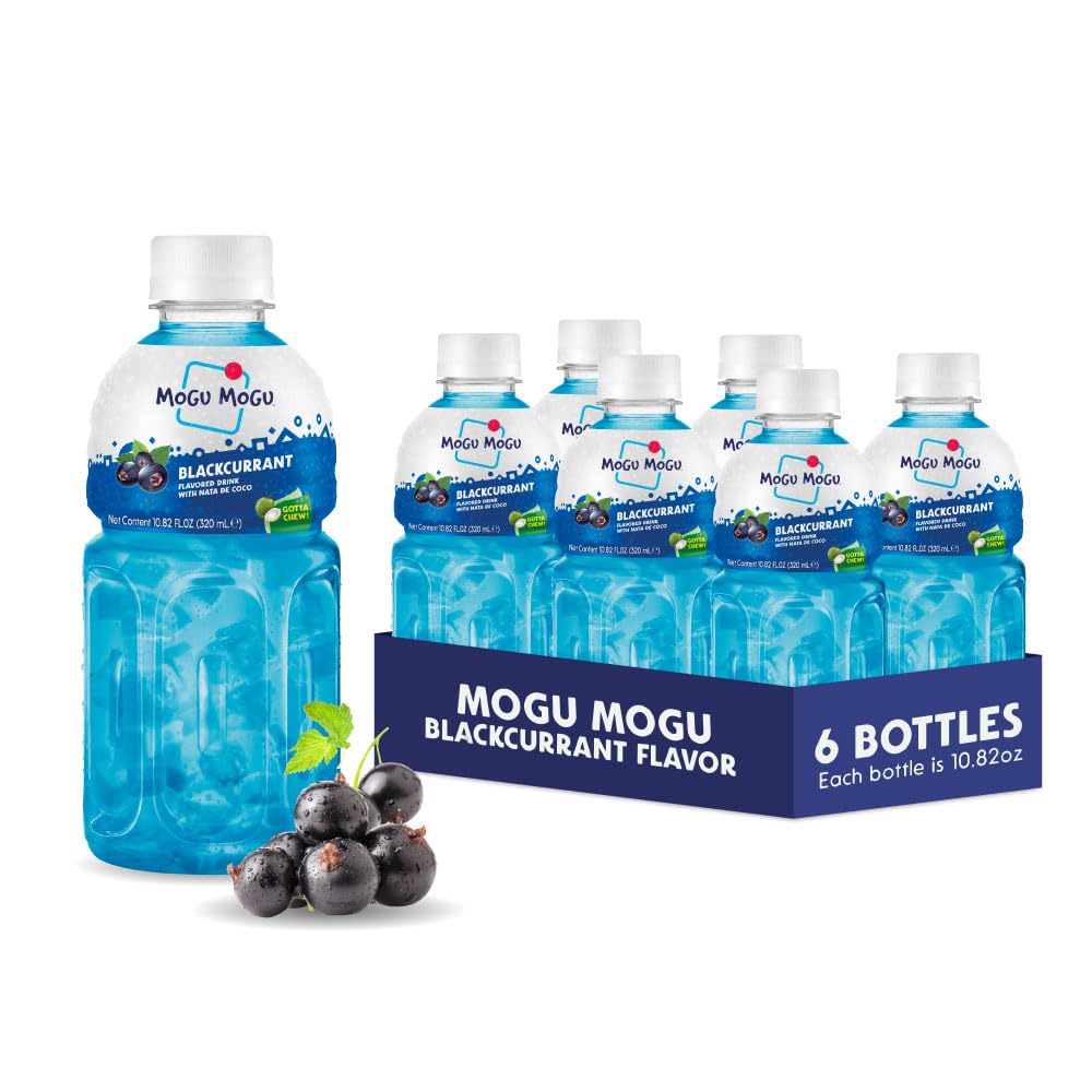 Mogu Mogu blackcurrant juice bottle ready for on the go sipping with bold flavor.