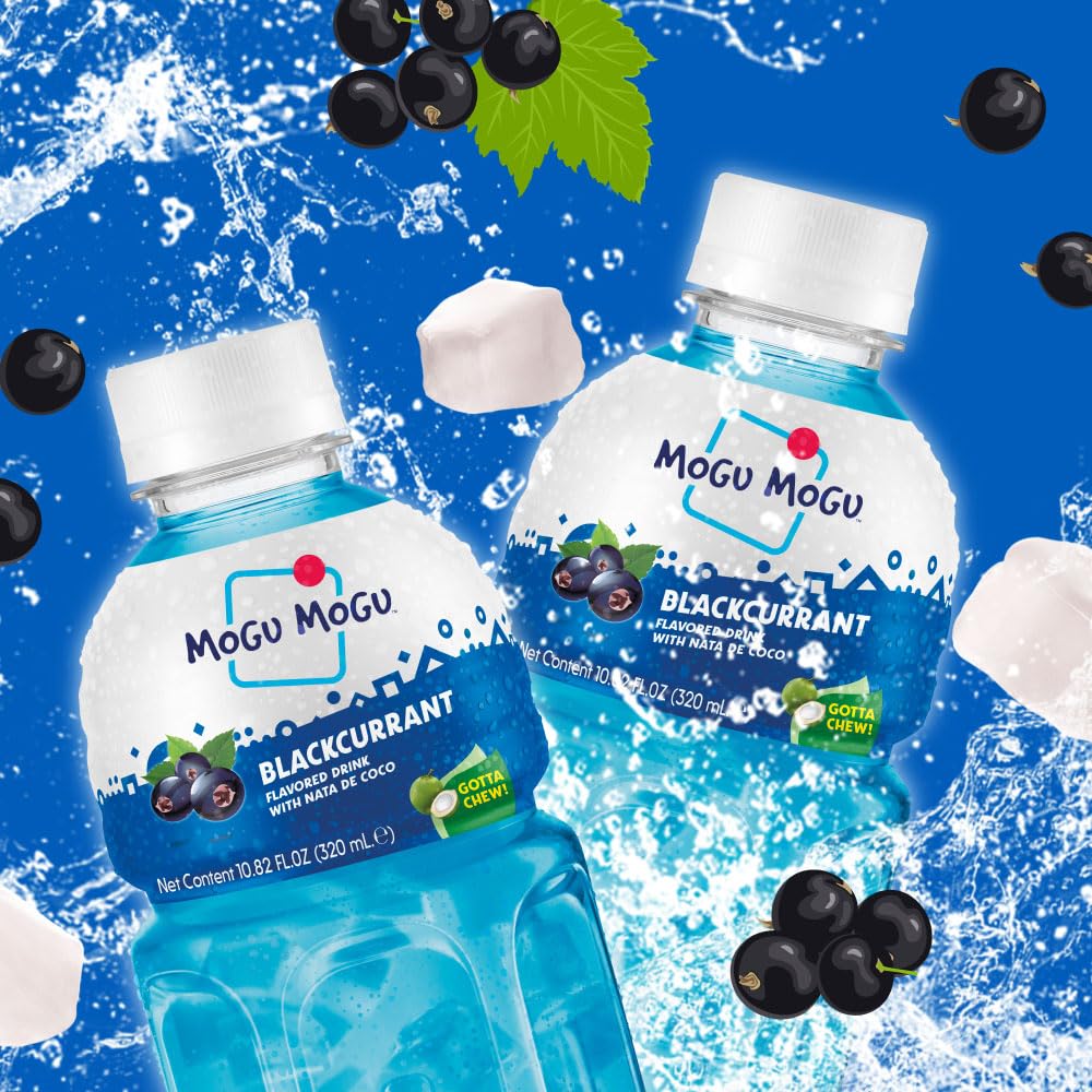 Six pack of Mogu Mogu blackcurrant juice bottles for easy, shareable refreshment.
