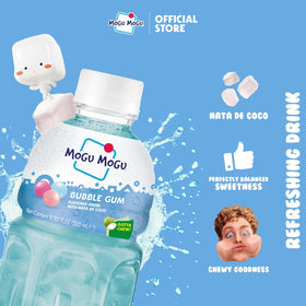 Mogu Mogu Bubble Gum orange-juice bottle with chewy jelly bits for a playful sip.
