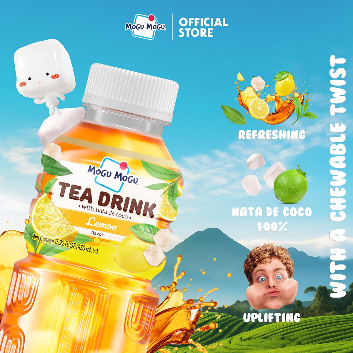 Vibrant lemon iced tea color from Mogu Mogu, signaling refreshing flavor.