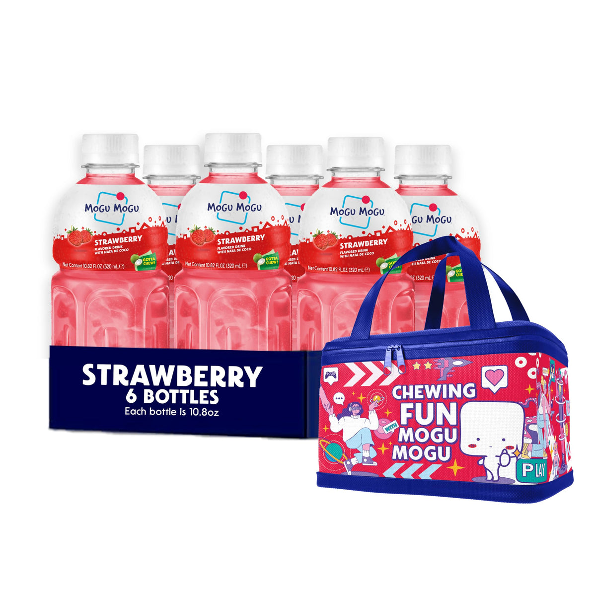 Mogu Mogu strawberry juice bottle with chewy nata de coco for a playful sip