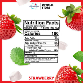 Close-up of Mogu Mogu strawberry juice showing chewy nata de coco texture