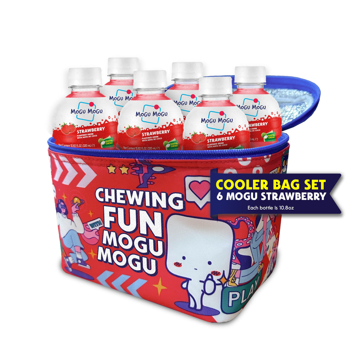Mogu Mogu cooler bag with strawberry juice bottles kept cold on the go