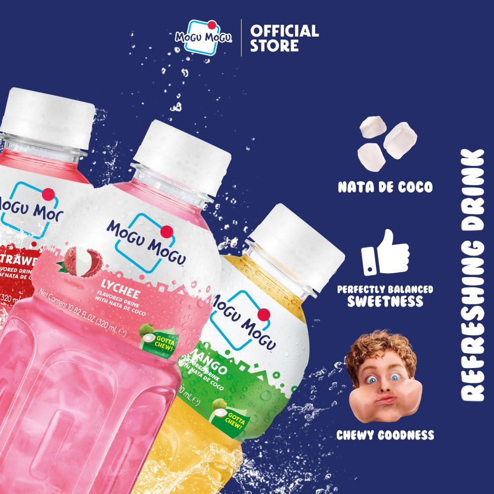 Mogu Mogu Strawberry juice with nata de coco, kid-friendly refreshment.