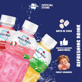 Mogu Mogu Strawberry juice with nata de coco, kid-friendly refreshment.
