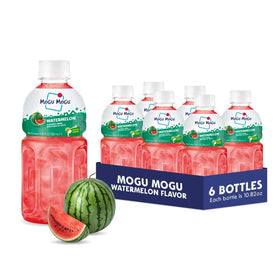 Mogu Mogu Watermelon with Nata de Coco bottle close-up, chewy jelly texture.