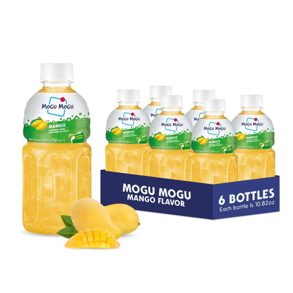 Mogu Mogu mango juice drink 6-pack bottles, convenient hydration for kids and adults.