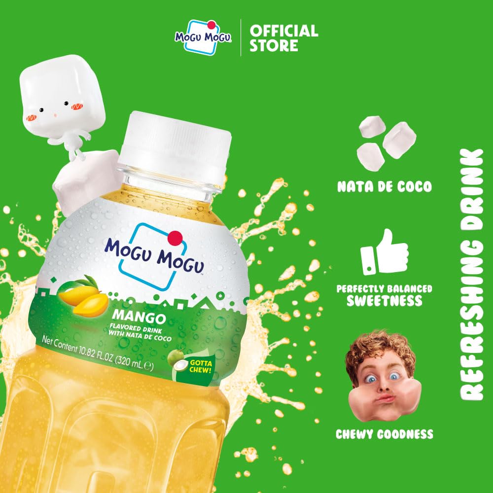 Mogu Mogu mango juice pour showing vibrant mango flavor and jelly bits.
