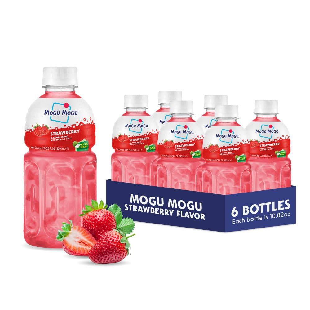 Mogu Mogu strawberry juice drink bottle with chewy coconut jelly for on-the-go refreshment.