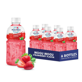 Mogu Mogu strawberry juice drink bottle with chewy coconut jelly for on-the-go refreshment.