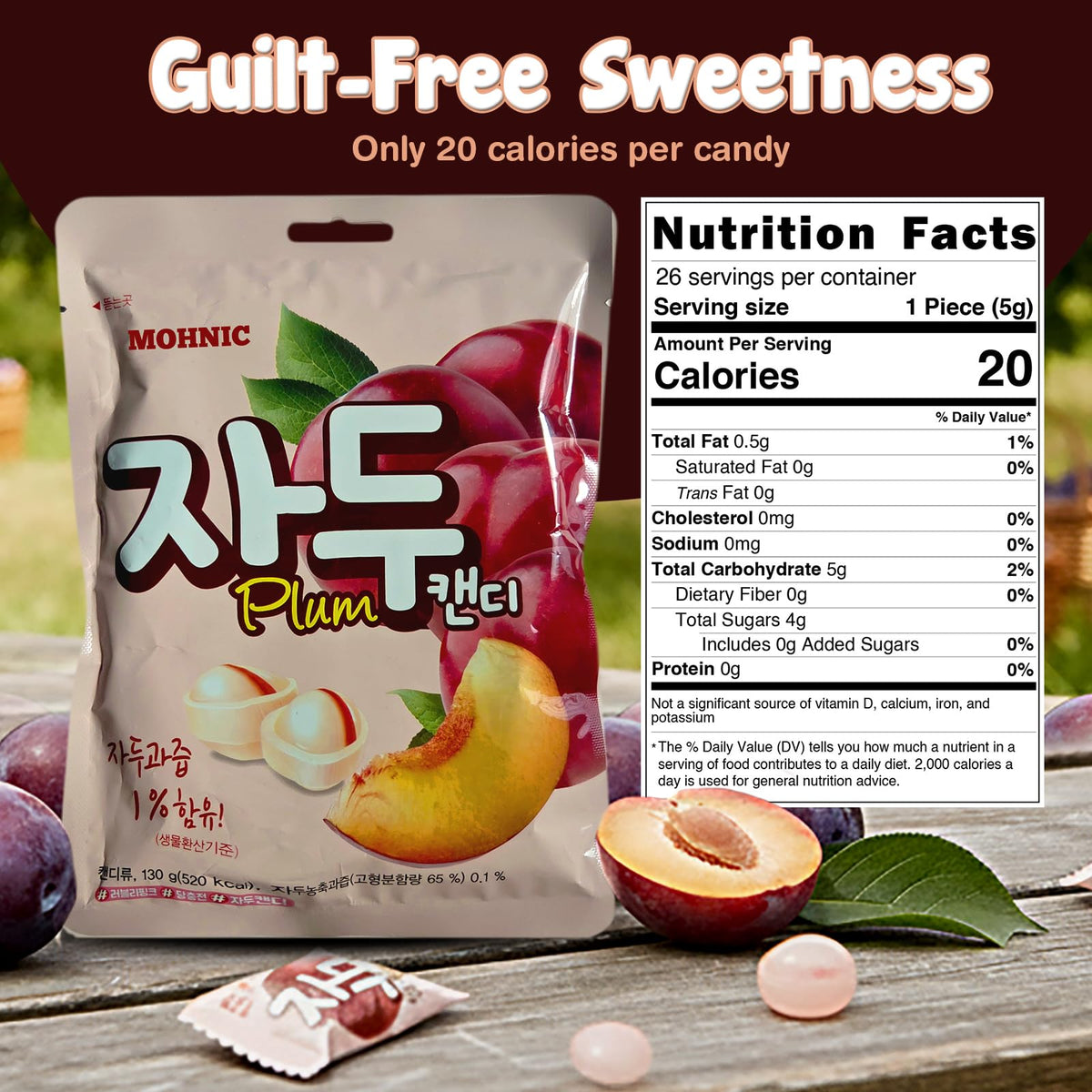 Individually wrapped MOHNIC Plum Candy for mess-free on-the-go snacking.