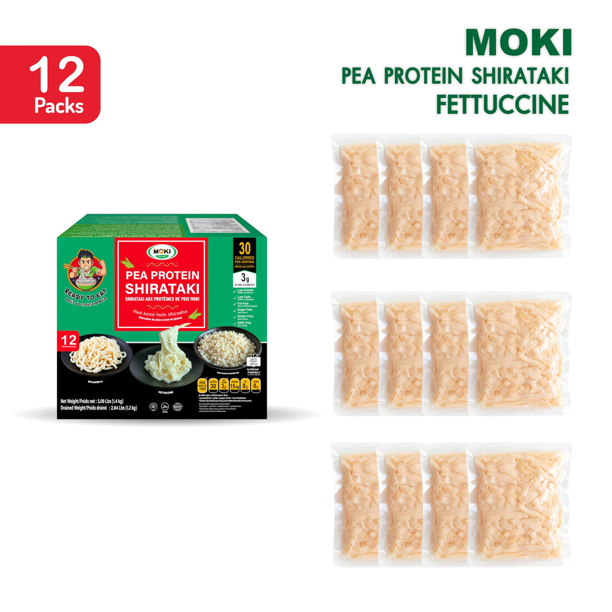MOKI 12-pack box highlighting shelf-stable convenience for meals.