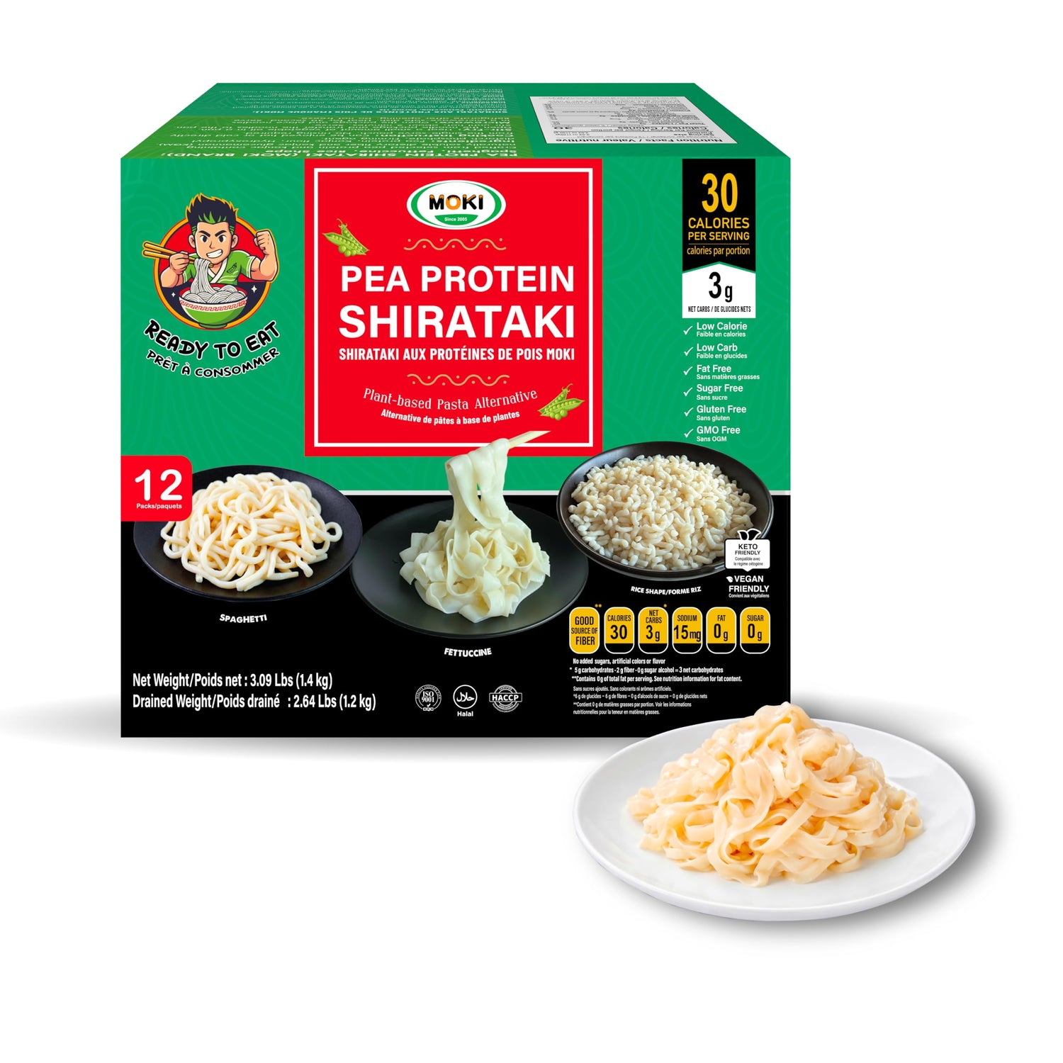 MOKI Pea Protein Shirataki Fettuccine pack ready for heat and flavor.