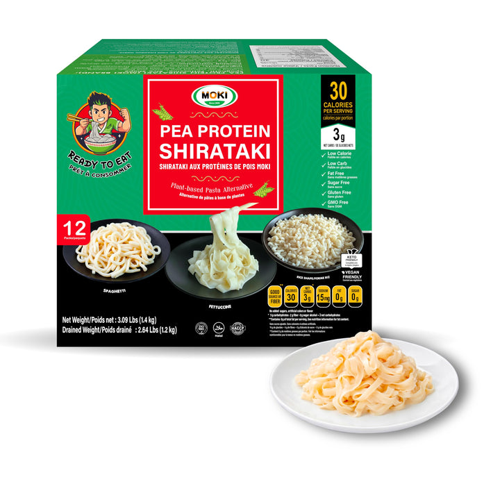 MOKI Pea Protein Shirataki Fettuccine pack ready for heat and flavor.
