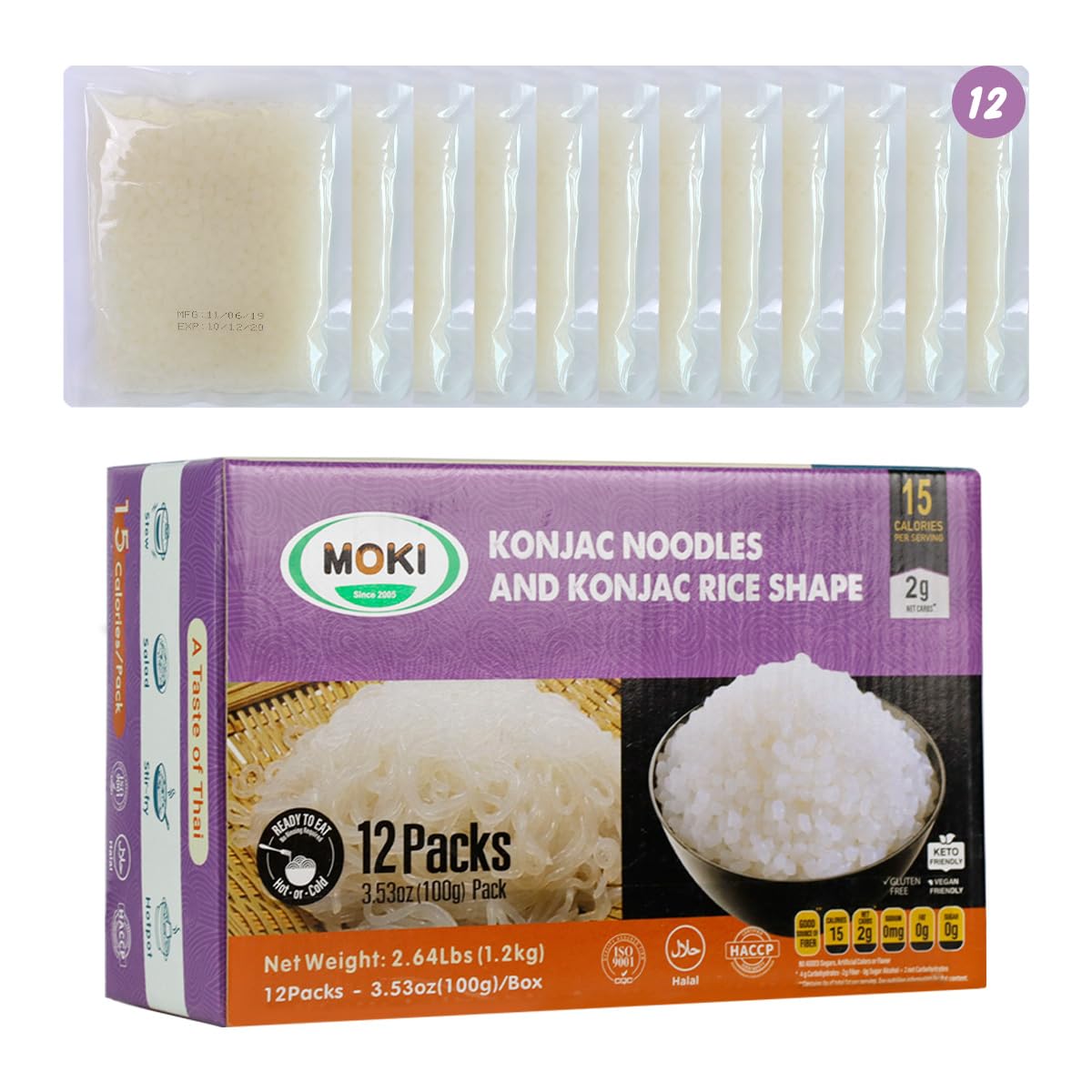 MOKI Shirataki Rice on kitchen counter, 12-pack setup for family meals