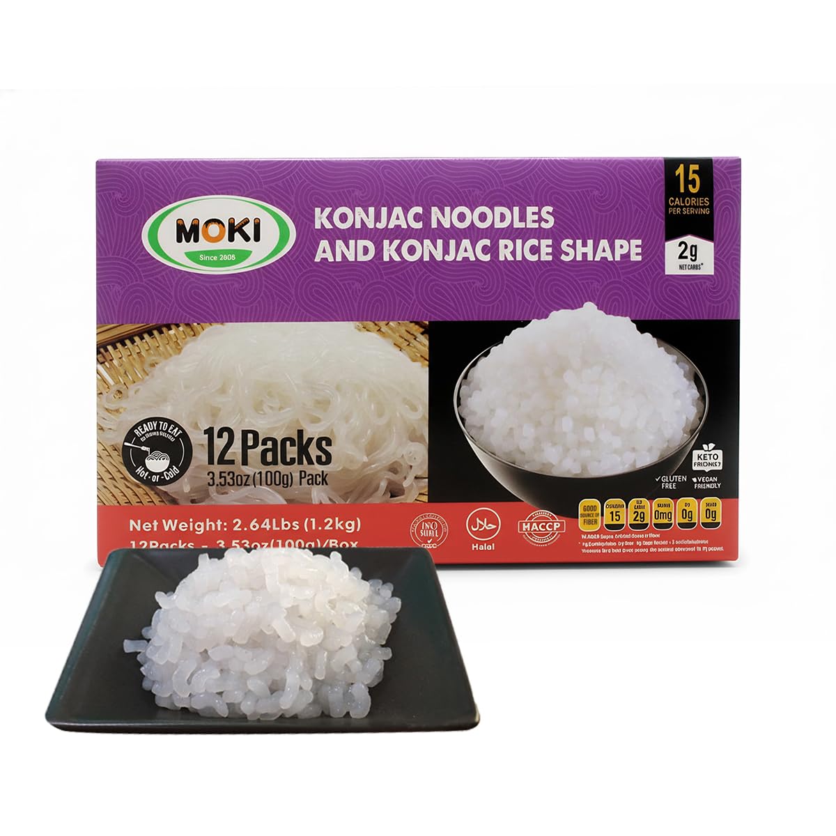 MOKI Shirataki Konjac Rice pack on shelf, a convenient low-calorie base for meals