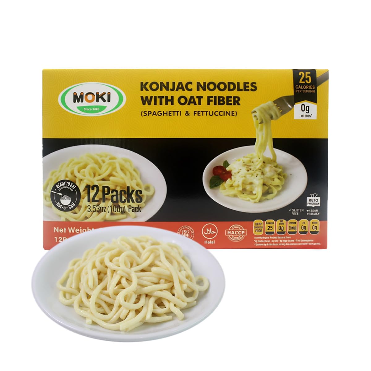 MOKI Konjac Noodles with Oat Fiber pack close-up, low-calorie pasta option.