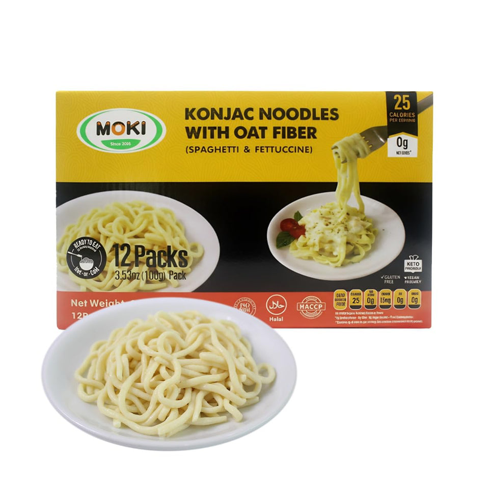 MOKI Konjac Noodles with Oat Fiber pack close-up, low-calorie pasta option.