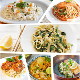 MOKI wide konjac oat noodles on kitchen counter for easy meal prep