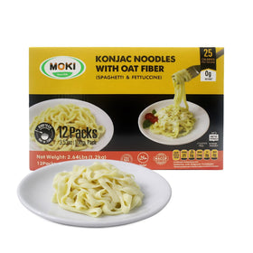 MOKI wide konjac oat noodles pack shown as a light, low-calorie pantry staple for quick meals
