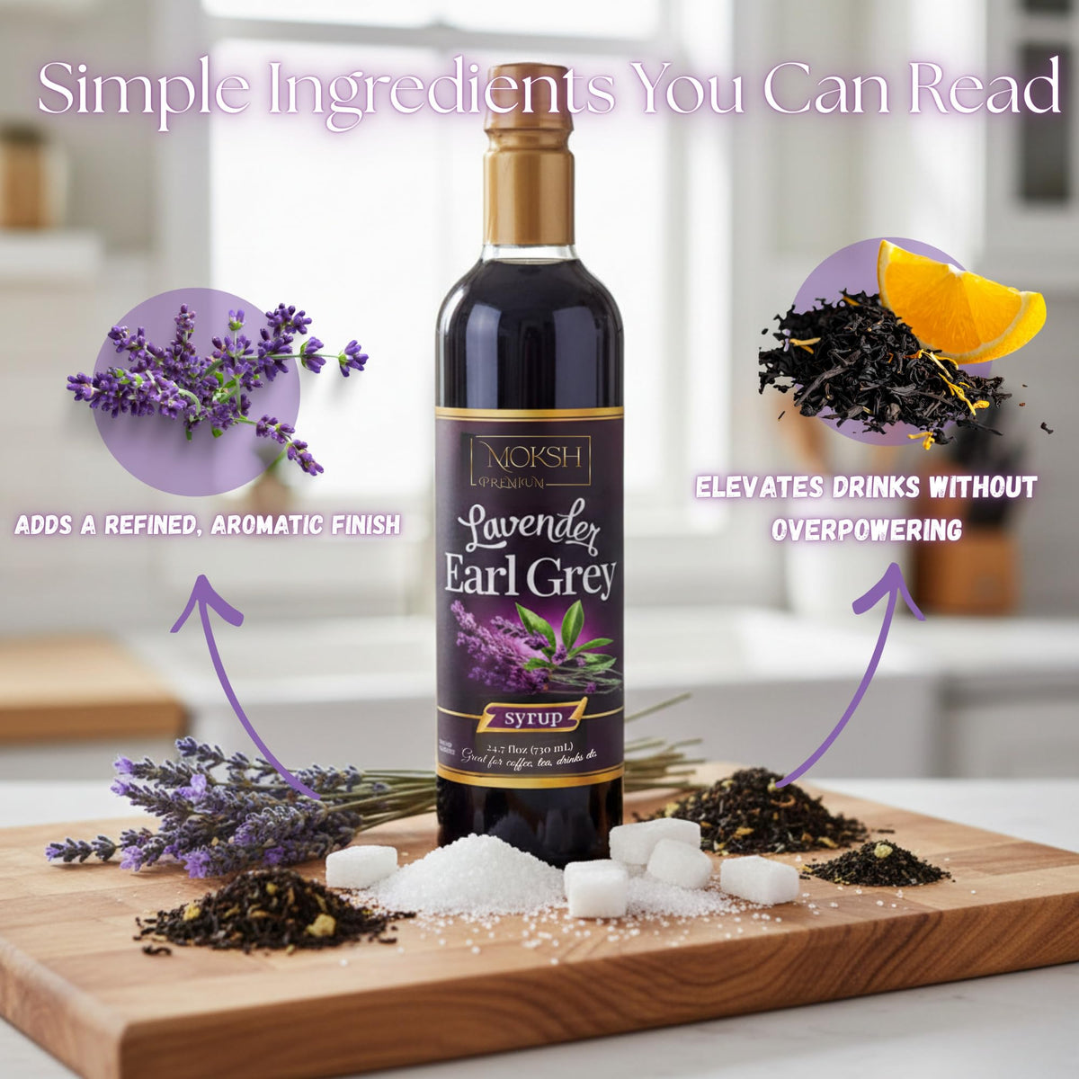 Moksh Premium Lavender Earl Grey Syrup bottle closeup highlighting lavender aroma in every pour.