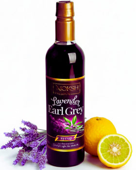 Moksh Premium Lavender Earl Grey Syrup bottle pour for smooth, fragrant beverages.