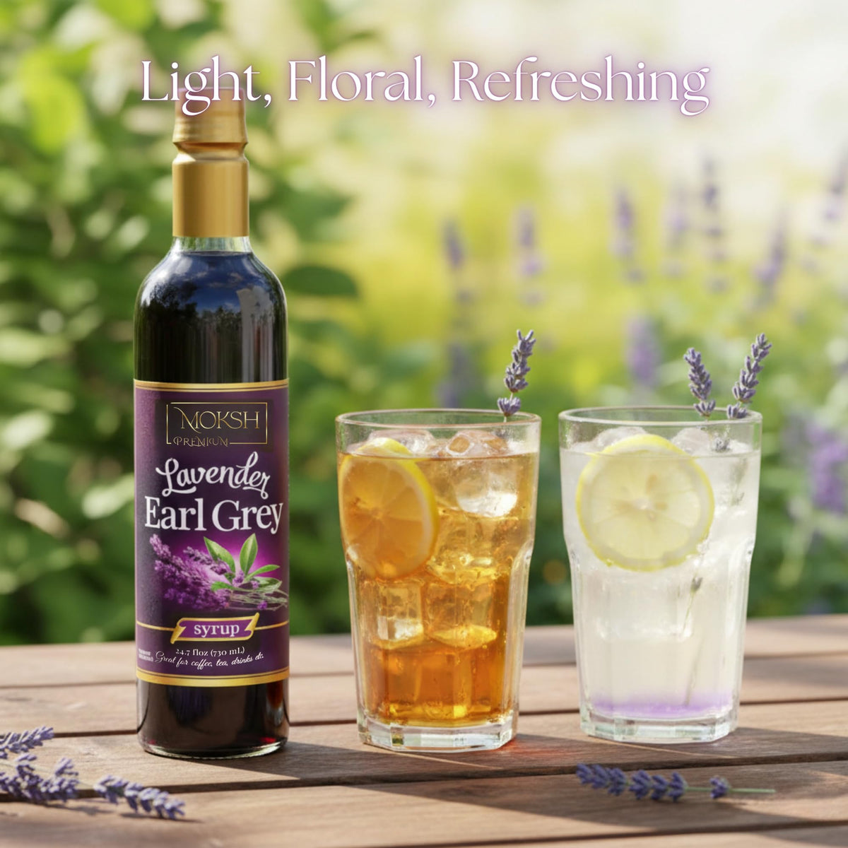 Moksh Premium Lavender Earl Grey Syrup lemonade glass ready for refreshment.