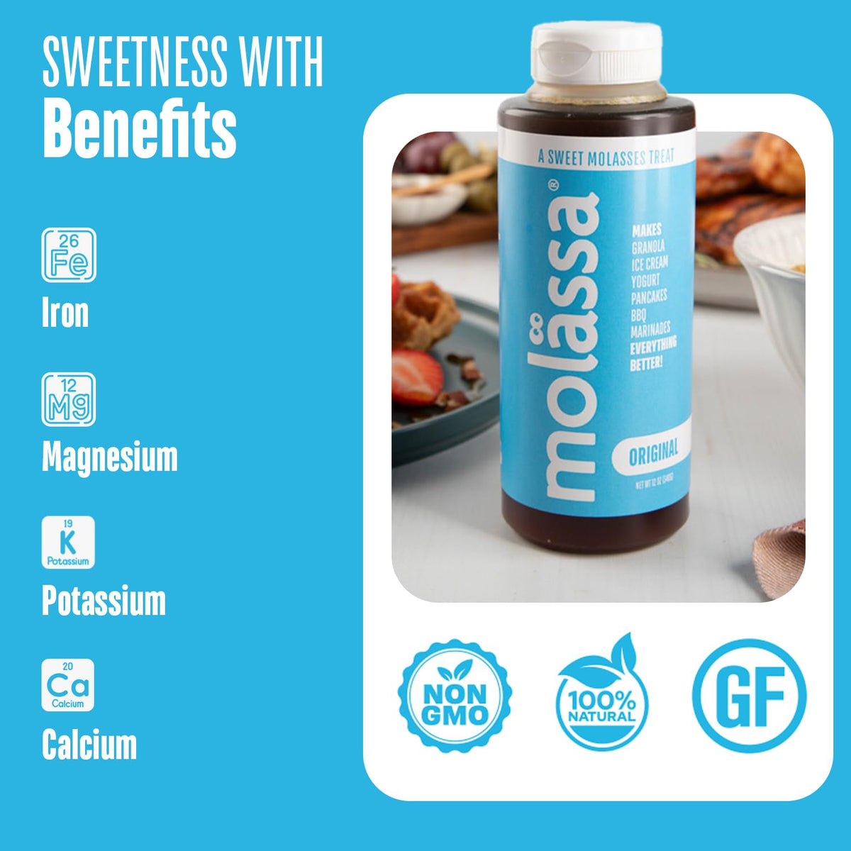 Close-up of Molässa label highlighting premium, natural sugar cane syrup.