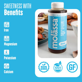 Close-up of Molässa label highlighting premium, natural sugar cane syrup.