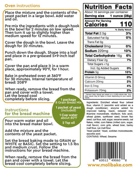 Molibake 8 Grain Bread Mix label close up highlighting no artificial preservatives.